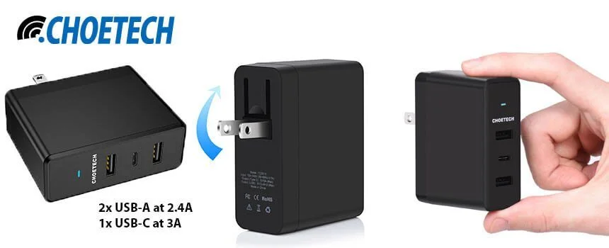 CHOETECH 39W 3-Port Wall Charger with USB C Port