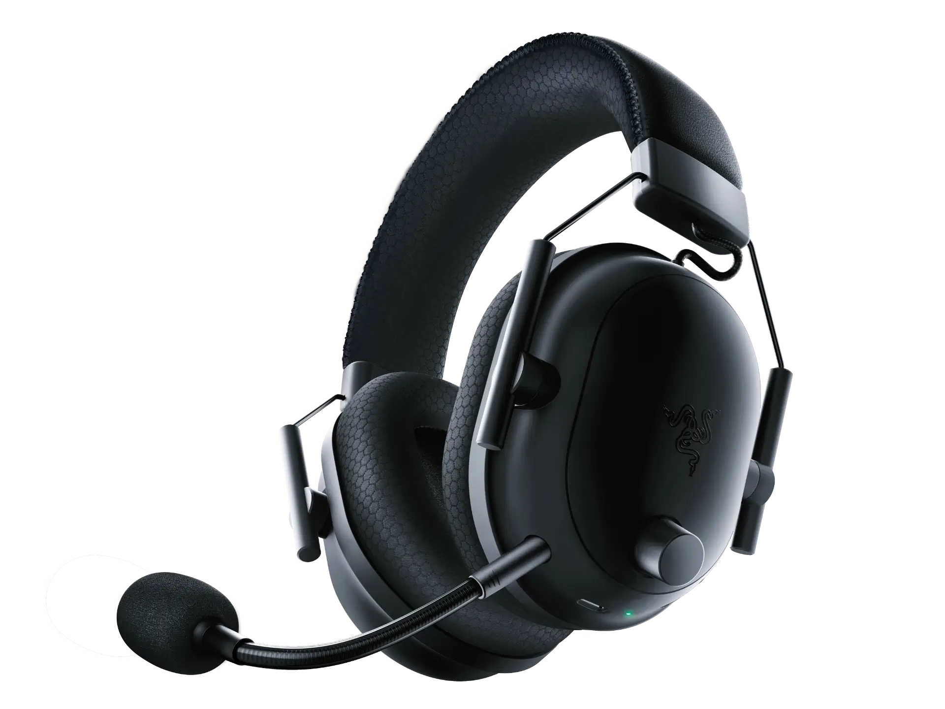 The Razer BlackShark V2 Pro wireless gaming headset showcasing its sleek black design and plush memory foam ear cushions for extended comfort during gameplay.
