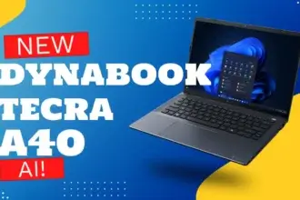 Dynabook Tecra A40-M: 14-inch AI-powered laptop with Copilot key, WQXGA display, and Intel Core Ultra CPU in dark blue chassis