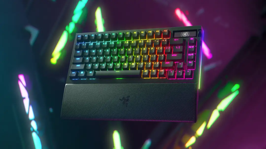 Razer BlackWidow V4 Pro 75% gaming keyboard with OLED display and customizable RGB lighting.