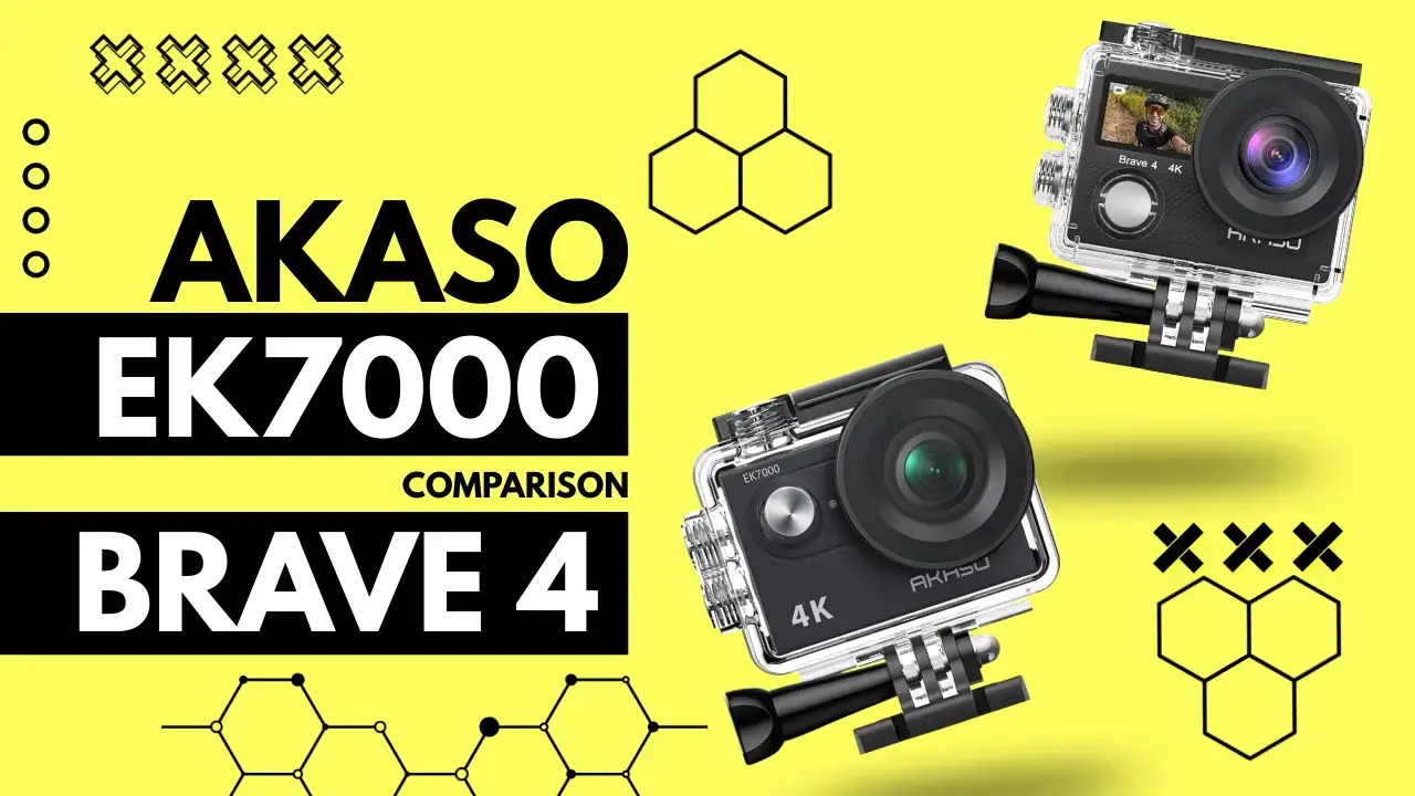 Comparison between AKASO EK7000 and Brave 4 action cameras highlighting features like 4K video, image stabilization, and waterproof capabilities