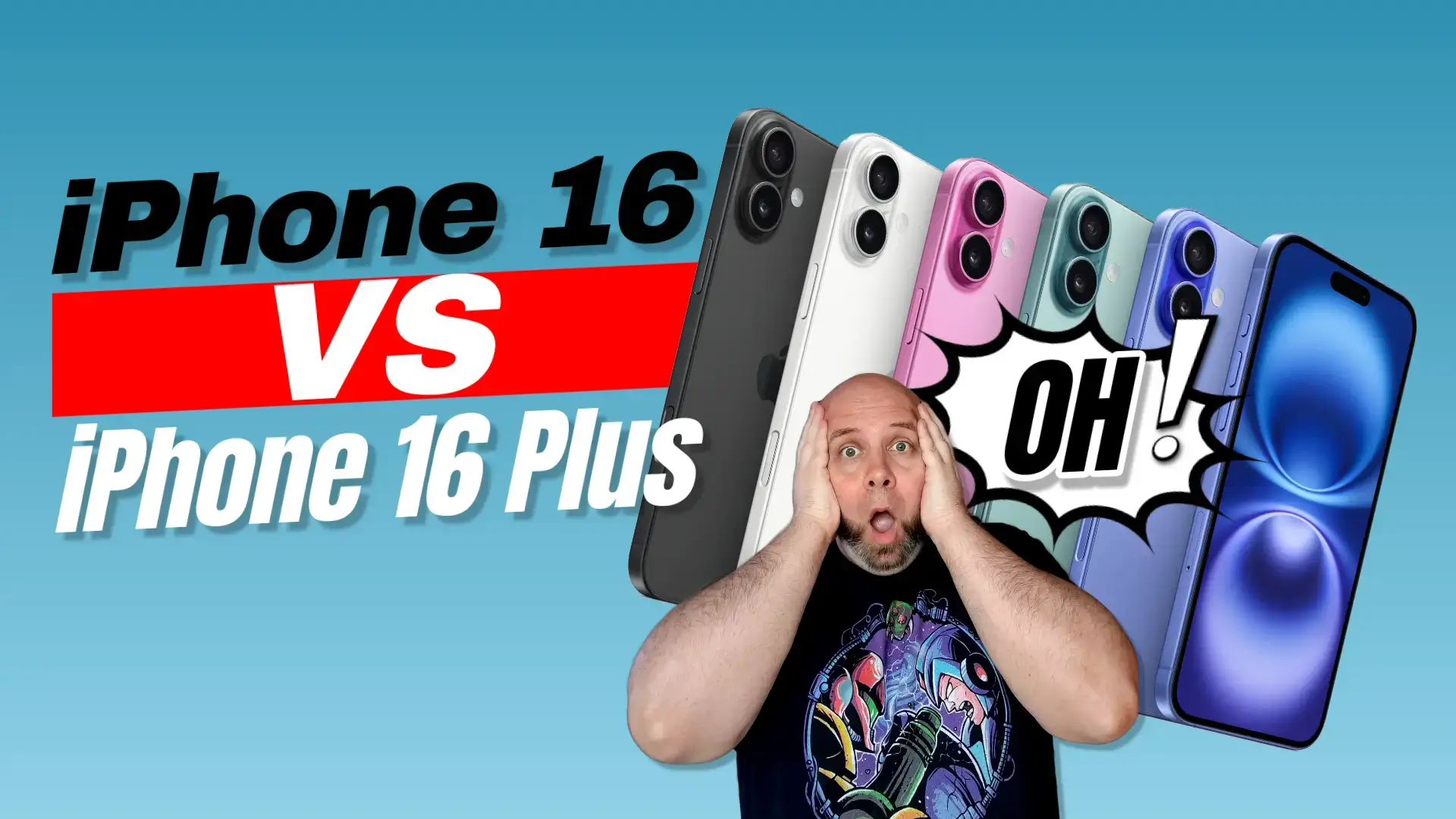 An image showcasing the iPhone 16 and iPhone 16 Plus side by side, with the text "iPhone 16 vs iPhone 16 Plus" written on the image. In the foreground, there is a surprised-looking person gesturing towards the phones.