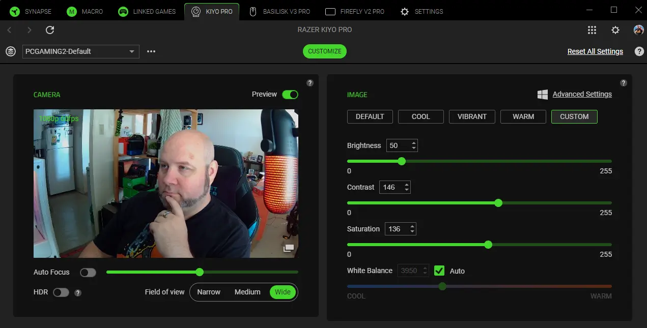 Razer Synapse software interface for Kiyo Pro webcam, showing customization options for video settings and camera controls