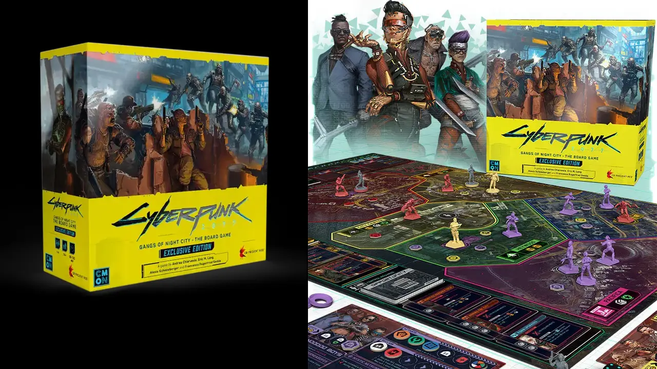 CMON Cyberpunk 2077: Gangs of Night City Board Game showcasing immersive gameplay, distinct gangs, and stunning miniatures set in the neon-lit world of Night City.