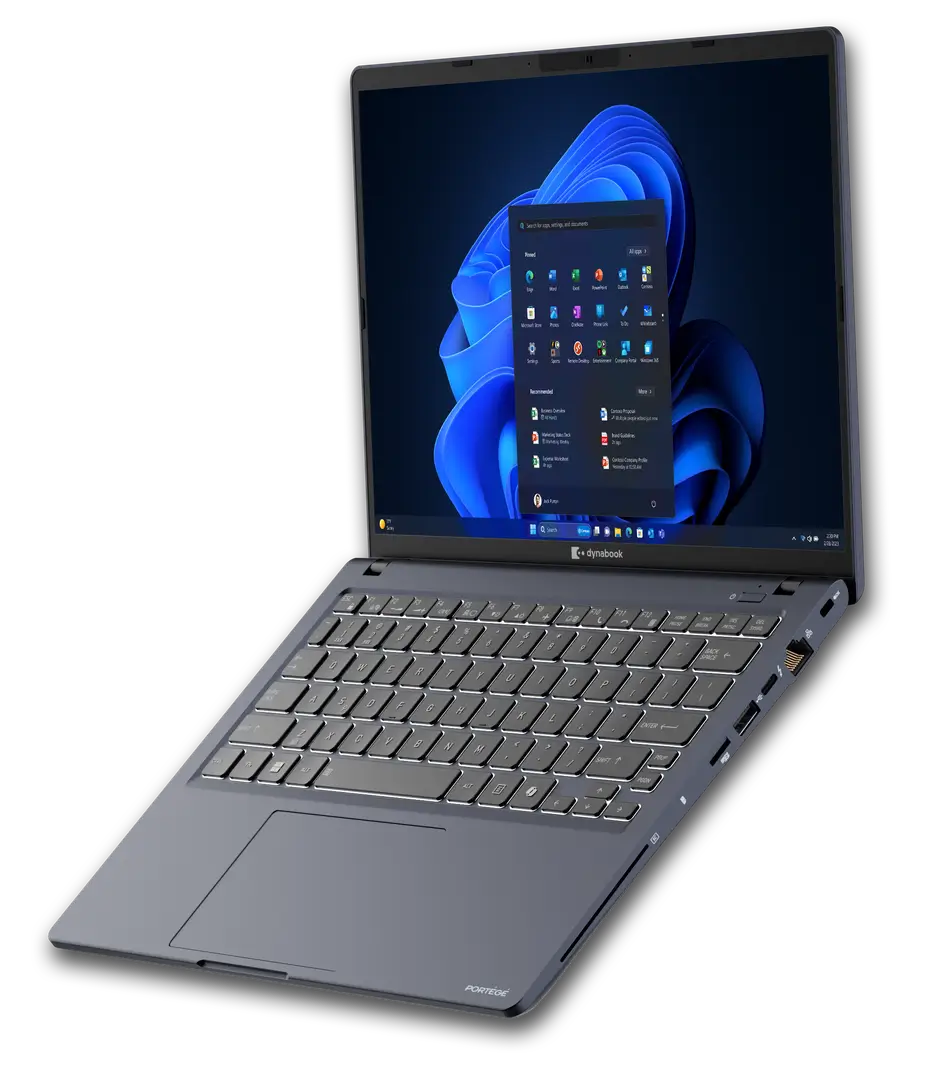 Open Dynabook Portégé X30L-M laptop displaying its 13.3-inch screen and keyboard, showcasing its lightweight and sleek design.