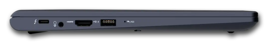 Side view of the Dynabook Portégé X30L-M, showing its various connectivity ports including USB-C, HDMI, and Thunderbolt 4