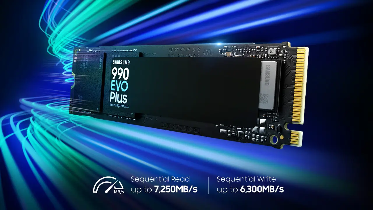 Samsung NVMe SSD 990 EVO Plus with 7,250 MB/s read speed and 4TB storage capacity